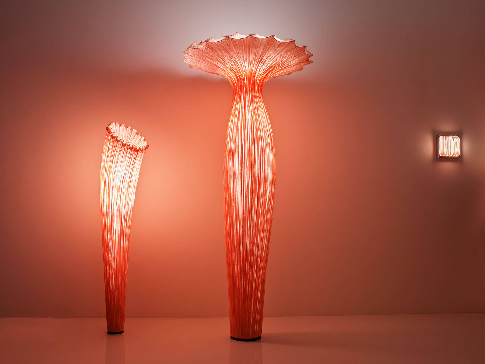 Horn and Morning Glory Floor Lamps in Custom Sweet Silk