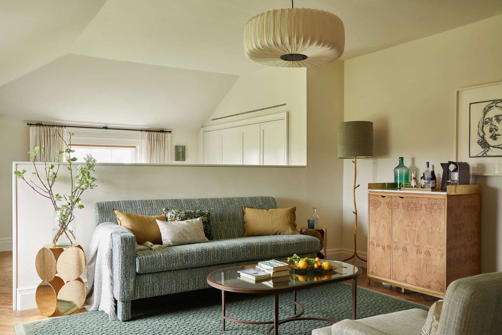 M Silk Pendant Light by Aqua Creations Luminary Design Studio. Pictured in the Junior Suite at The Grove Hotel, Hertfordshire, UK. Photo by: Helen Cathcart. Interiors by Martin Hulbert Design.