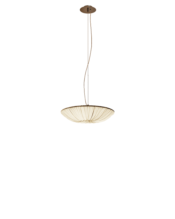 Stand By silk lamp shade pendant in Cream, gently curved small bowl hanging in a white studio, Aqua Creations