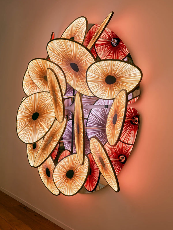 Lotus Lake illuminated wall installation with 2 hand-dyed silk shades and mirrored stainless-steel structure