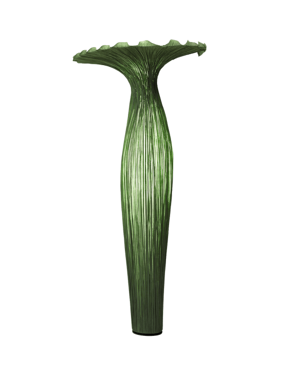 Morning Glory floor lamp in Grass silk, leaf-green pleats flaring into a ruffled crown, sculpted by Aqua Creations