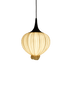 Perlina pendant light lit in buttery pale yellow silk, a decorative ceiling light that softens the room, in Gold silk, Aqua Creations