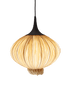 Suuria Son Pendant Light in Gold silk, a cocoon lamp lit from within, honey pleats over a ruffled base, Aqua Creations
