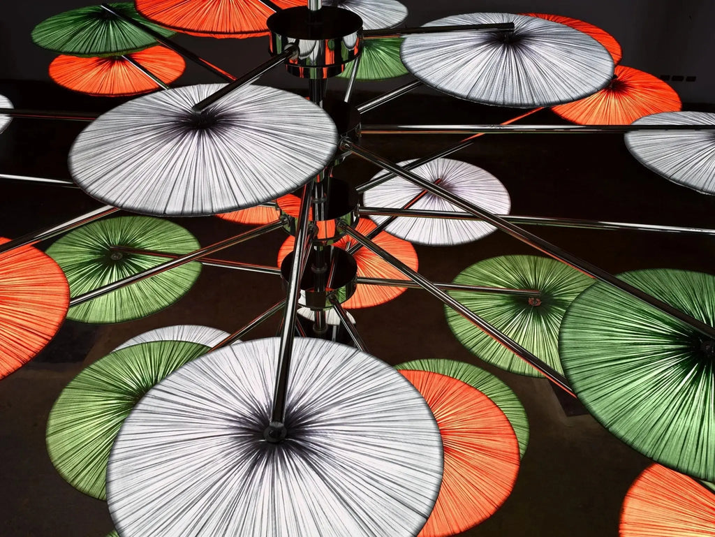 Bespoke Sunsa Chandelier in Silver, Grass and Flame silk